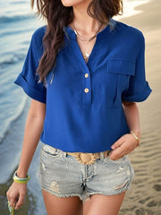 Buttoned Notched Short Sleeve Blouse Royal  Blue / S