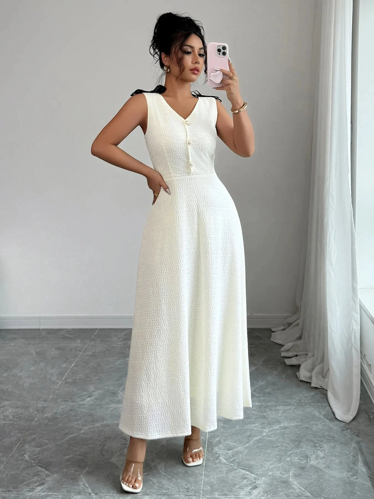 Buttoned Sleeveless Maxi Tank Dress White / S