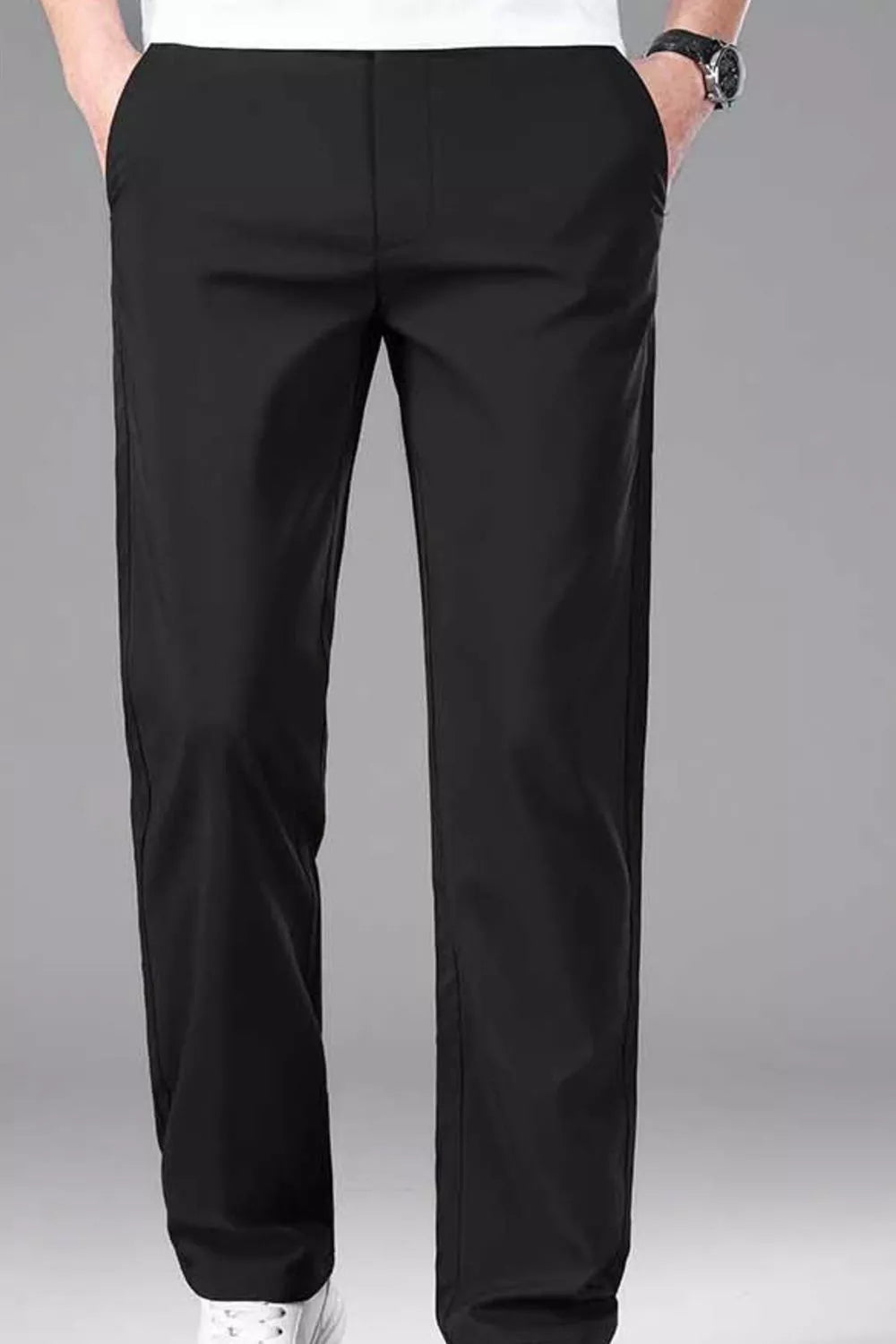Men's black straight-leg casual pants with stretch fabric and a drawstring waist.