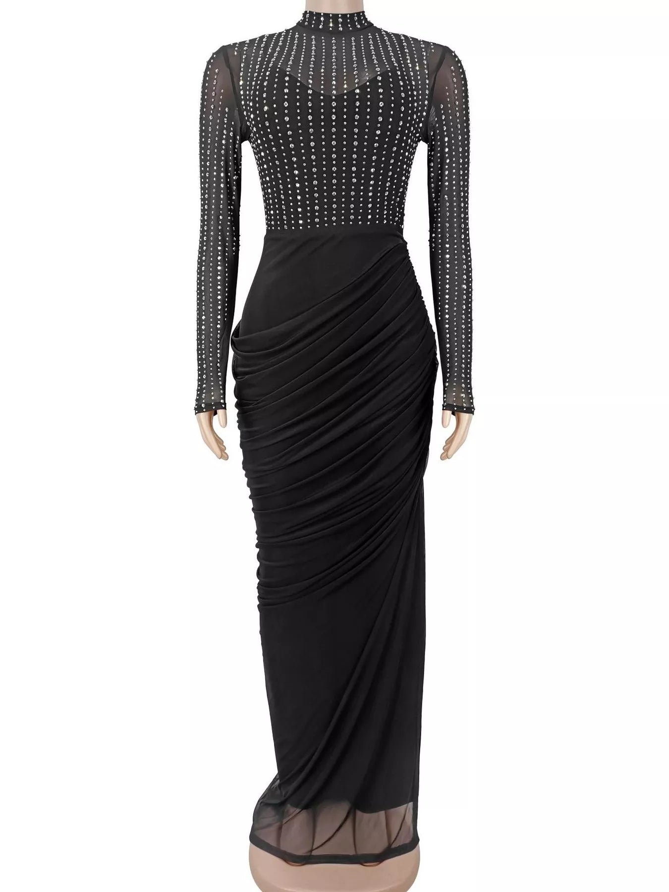 Black mock neck maxi dress with sheer rhinestone bodice and ruched skirt, front view on mannequin