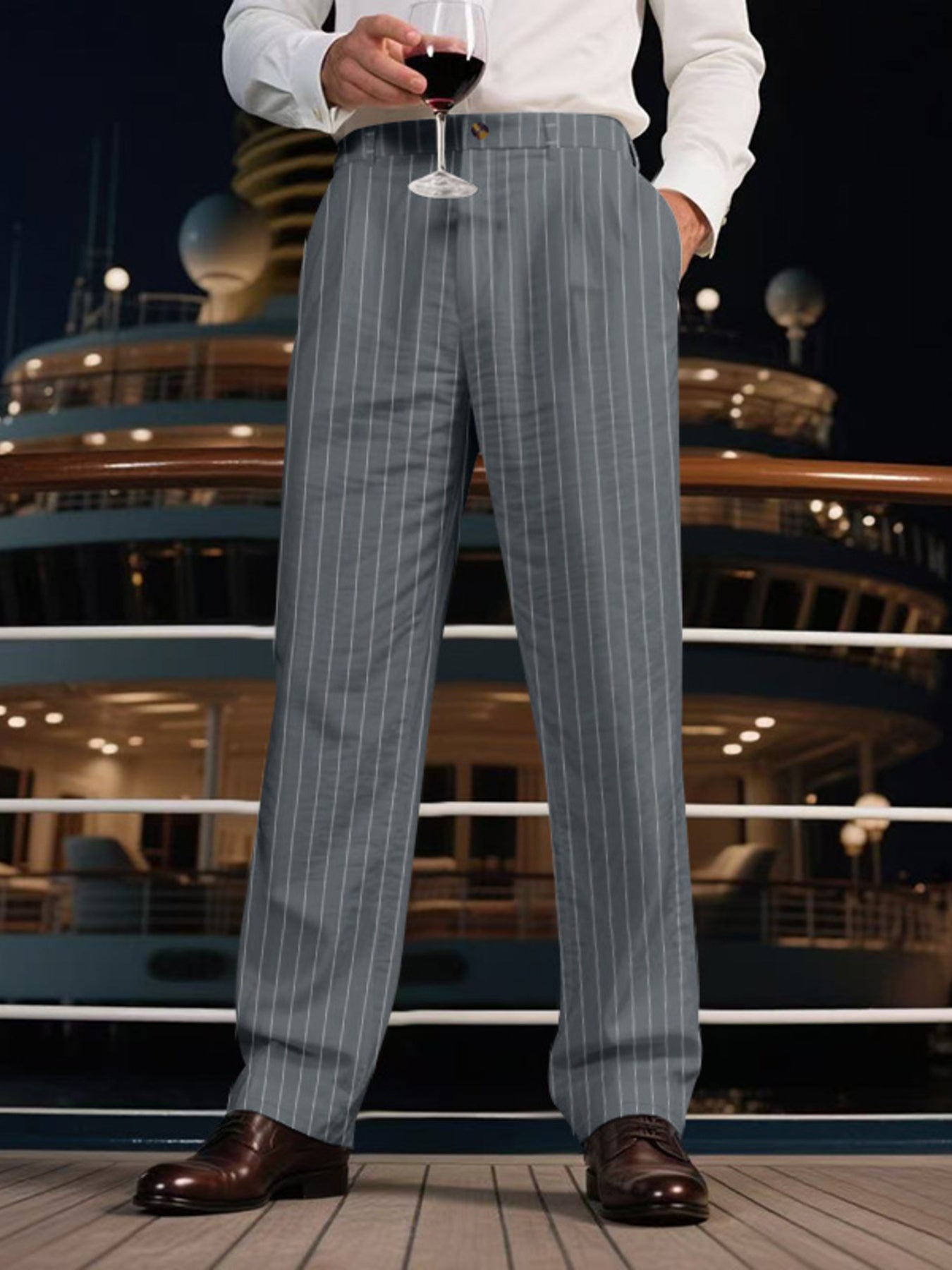 Men's grey striped pants with wide legs and pockets.