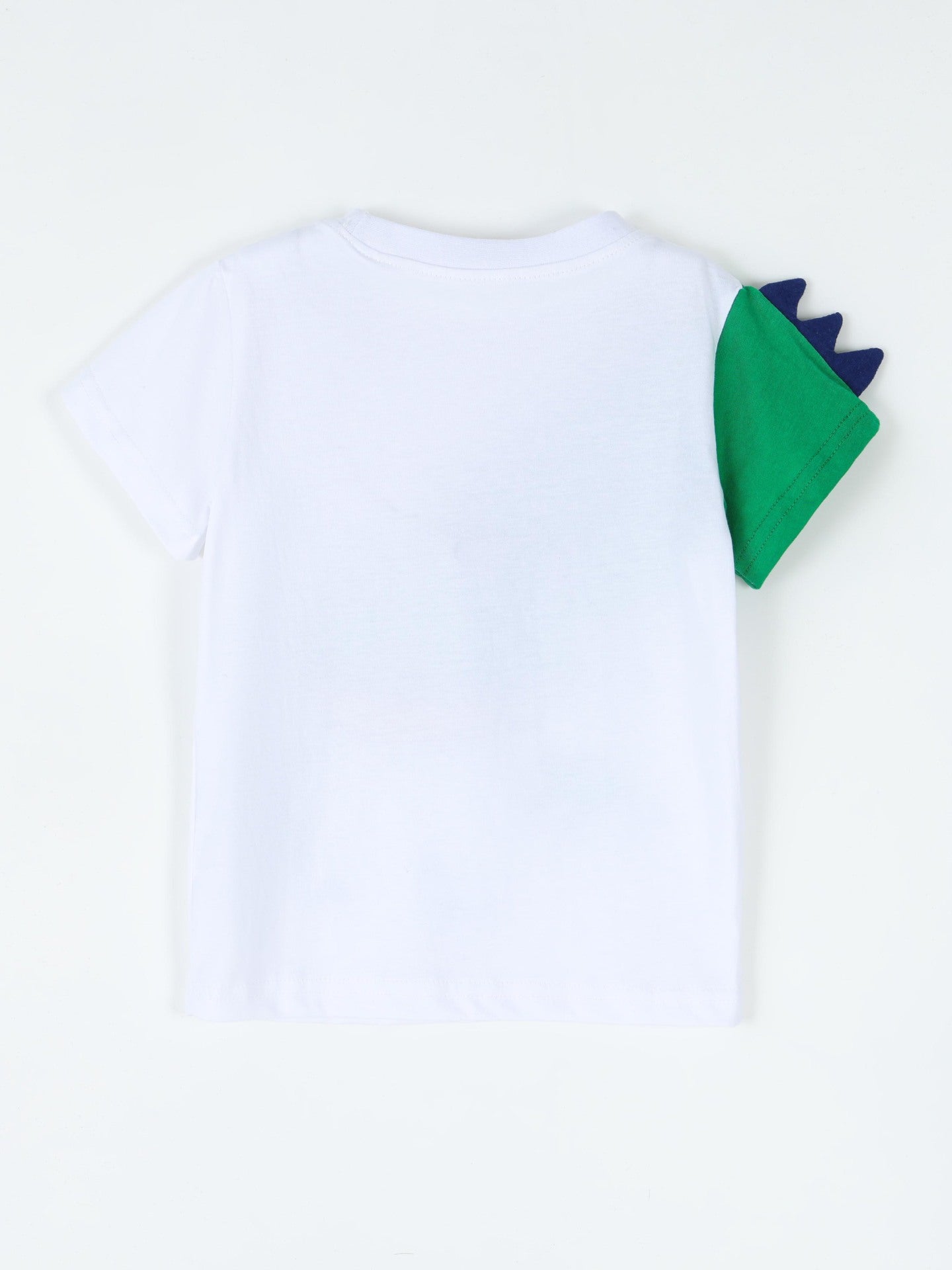 Back view of a plain white children's t shirt with a green sleeve and navy spikes