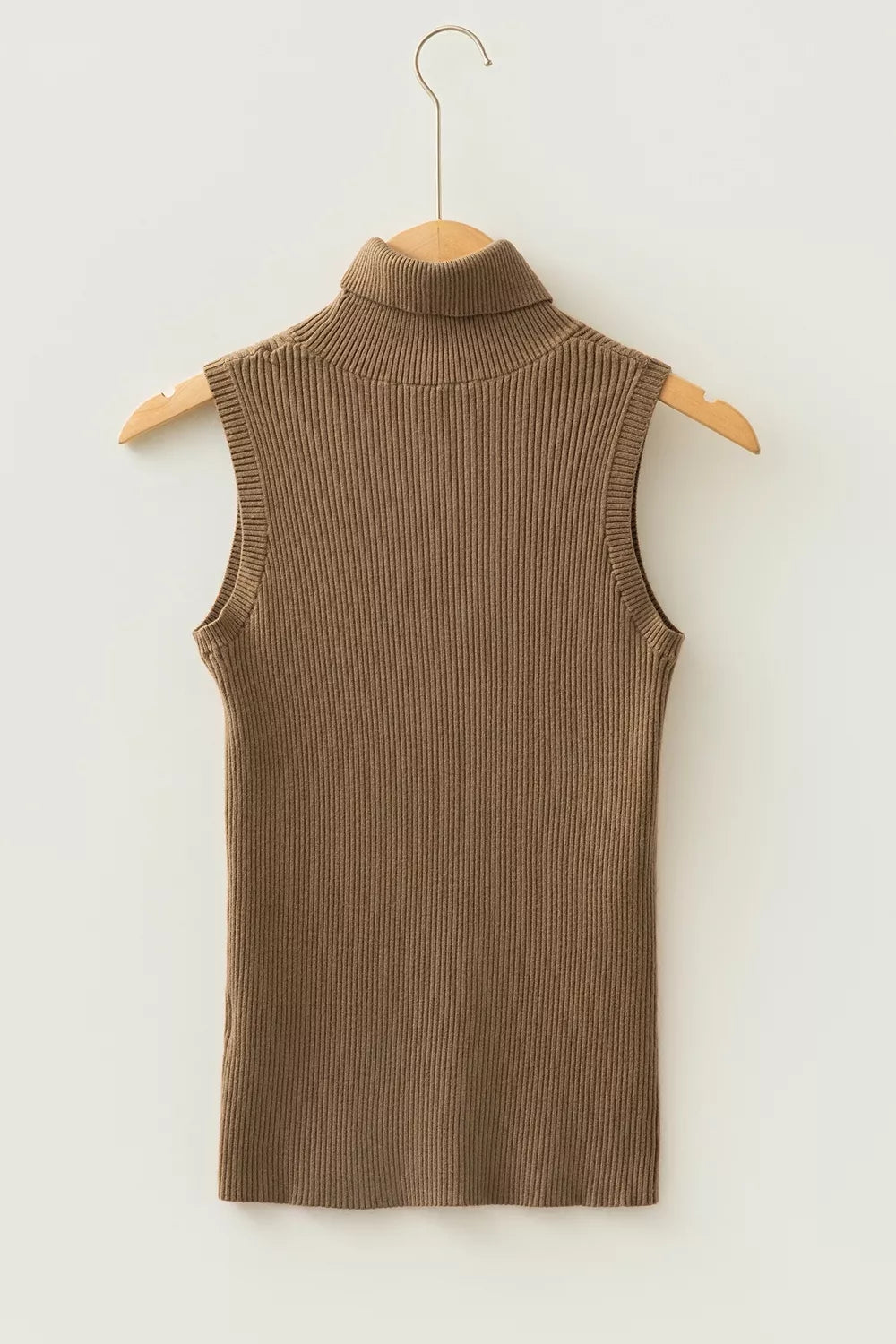Flat lay back view of the mocha ribbed mock neck sweater vest