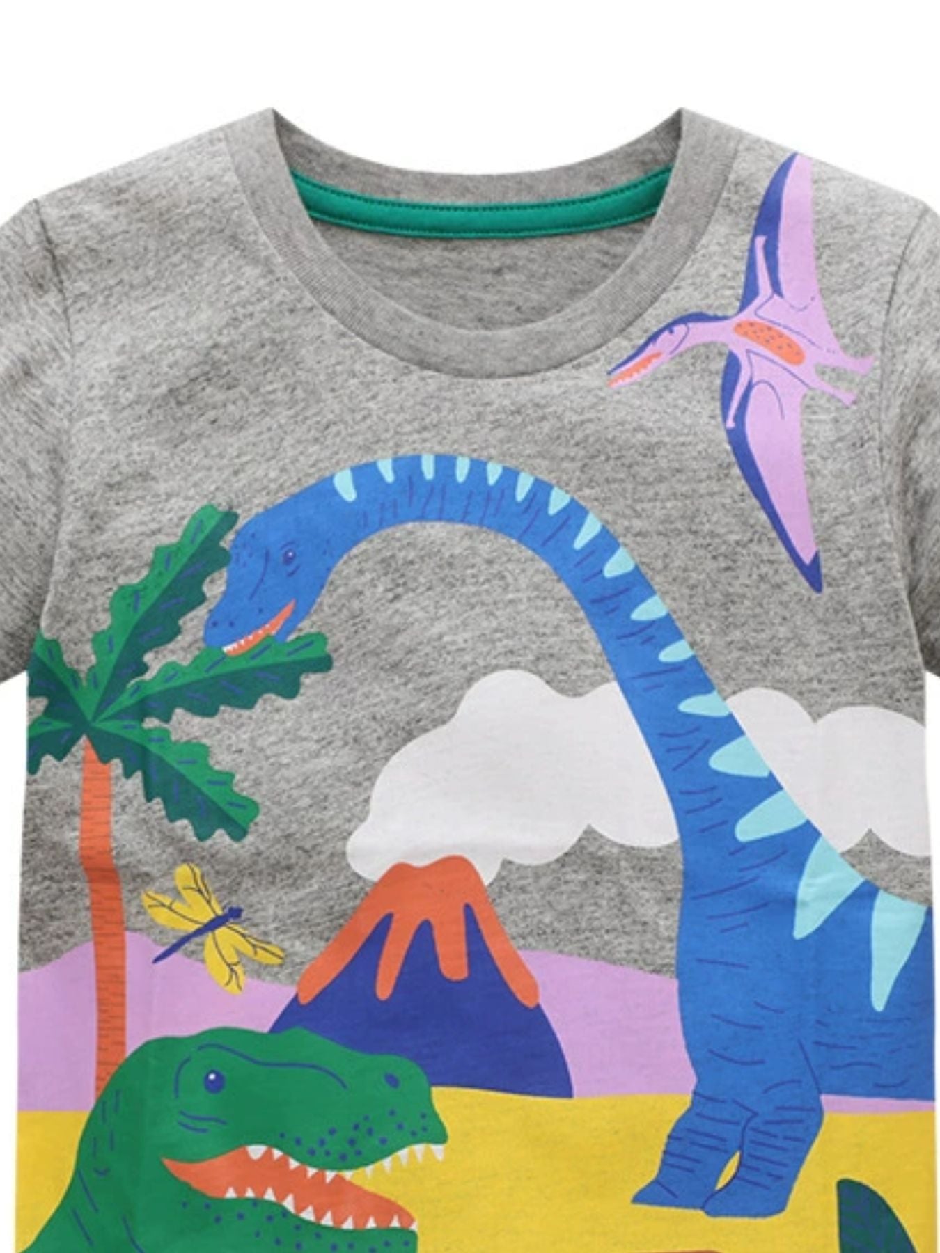 Close-up of the dark gray children's t-shirt neckline with green trim and dinosaur print