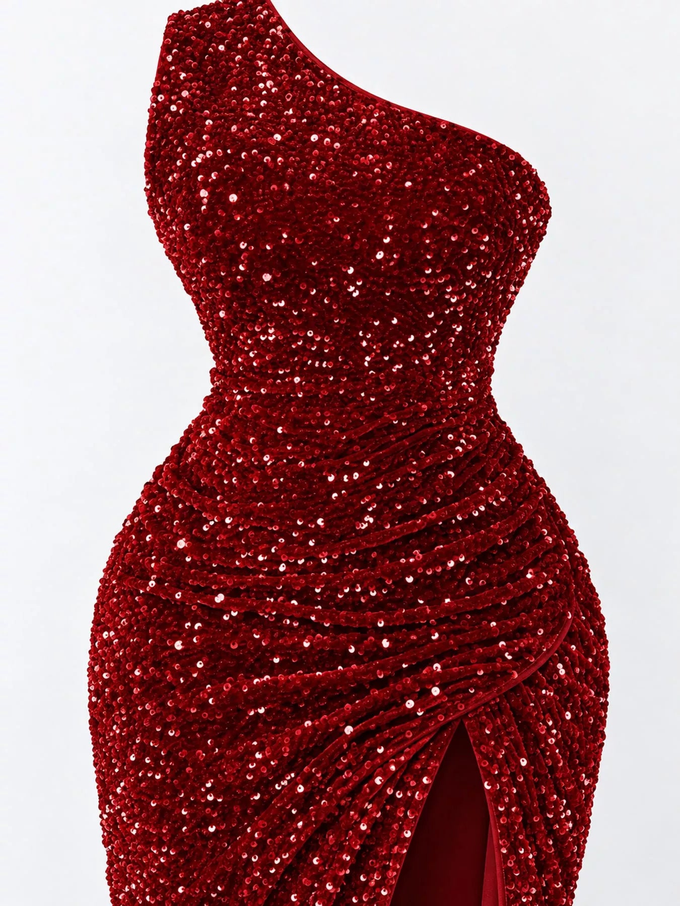 Burgundy sequin one shoulder evening dress close view showing the ruched waist and sequin texture