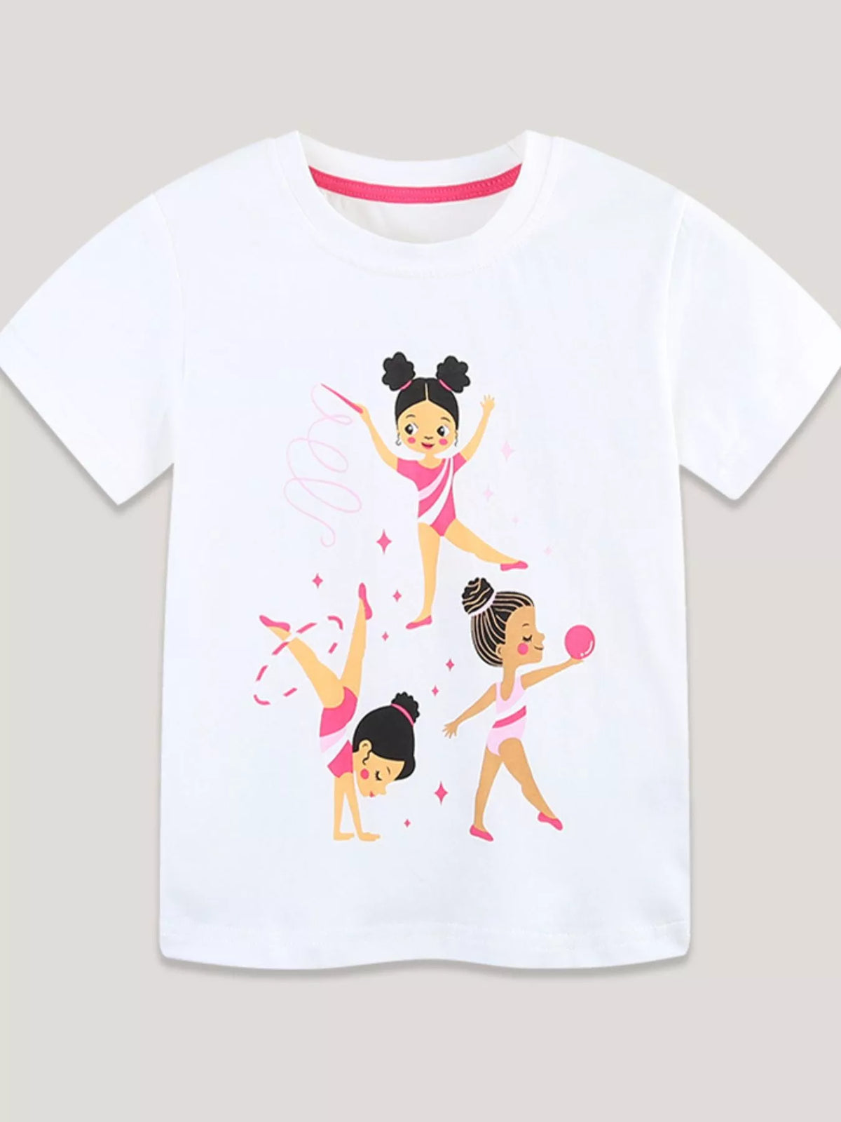 Flat front view of a white children's tee with three pink rhythmic gymnastics illustrations