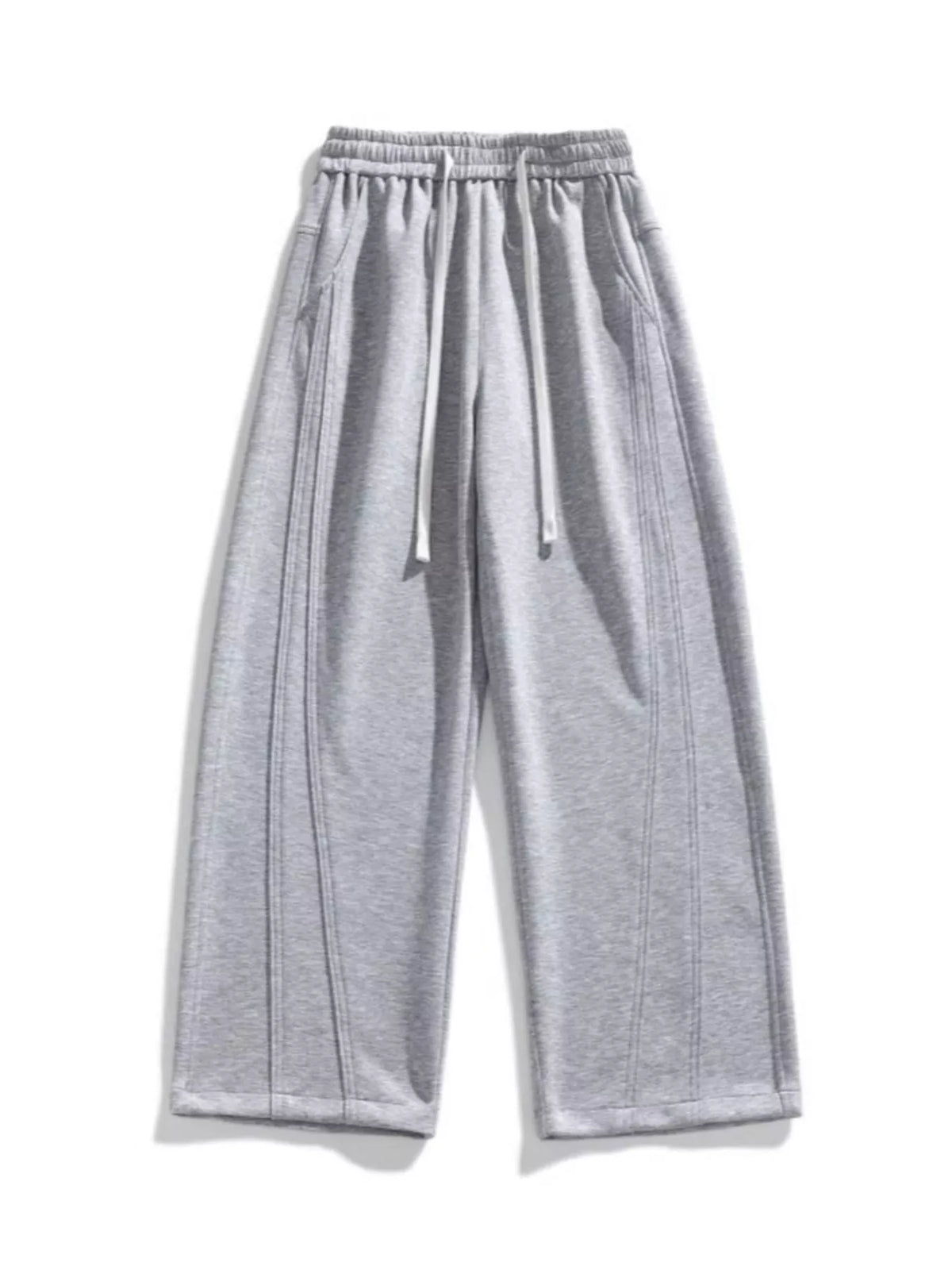 Men's light gray loose-fit wide-leg pants with a drawstring waist and pockets.