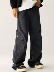 Men's wide leg cargo pants with pockets.