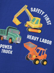 Close-up of the colorful excavator, dump truck and loader print on navy children's tee