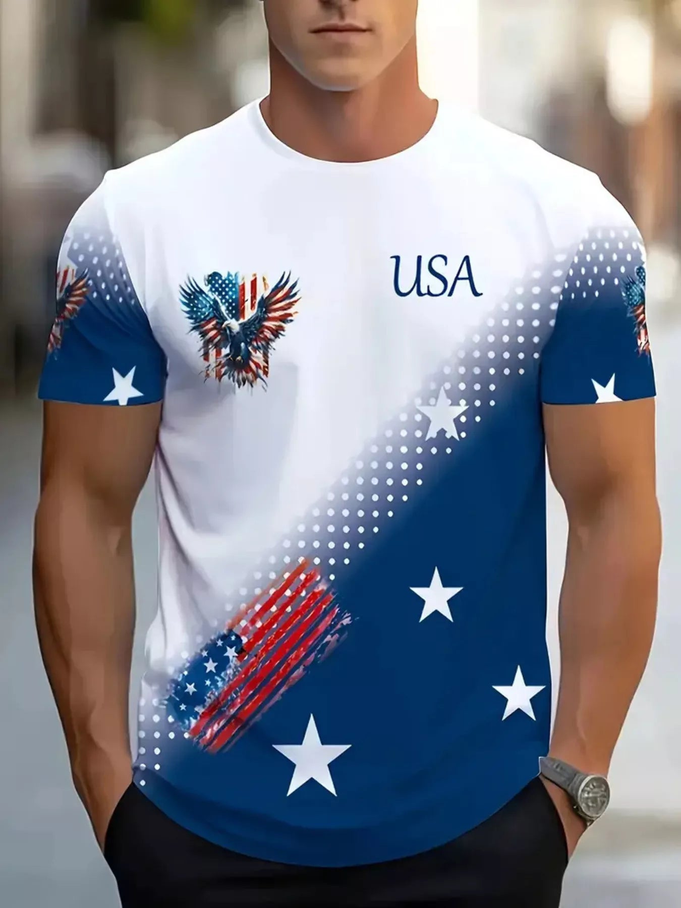 Men's patriotic T-shirt with an eagle and USA graphic.