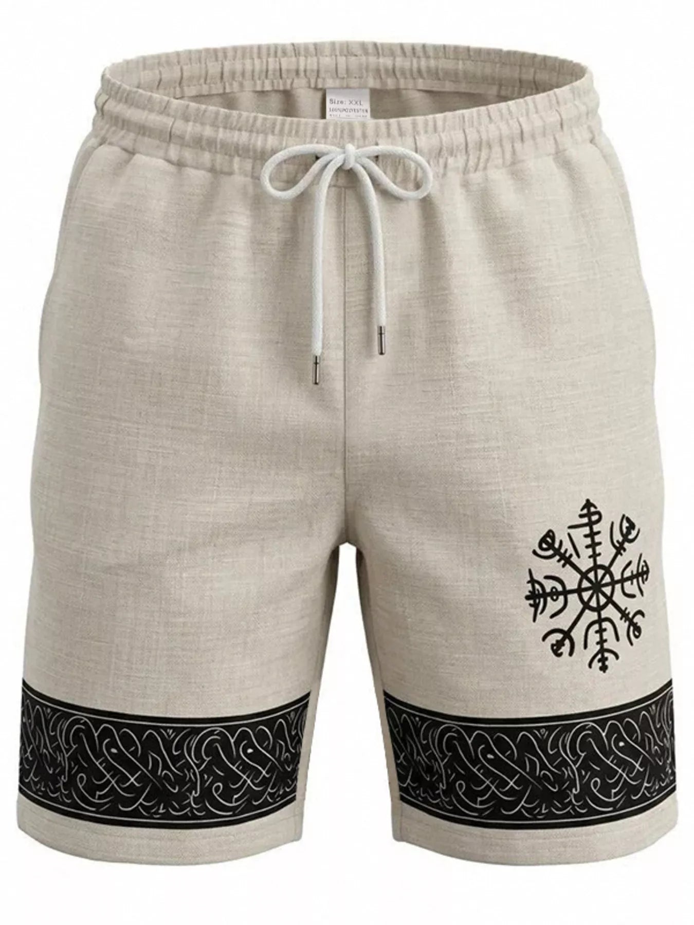 Men's khaki shorts with an adjustable drawstring waist and pockets.