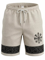 Men's khaki shorts with an adjustable drawstring waist and pockets.