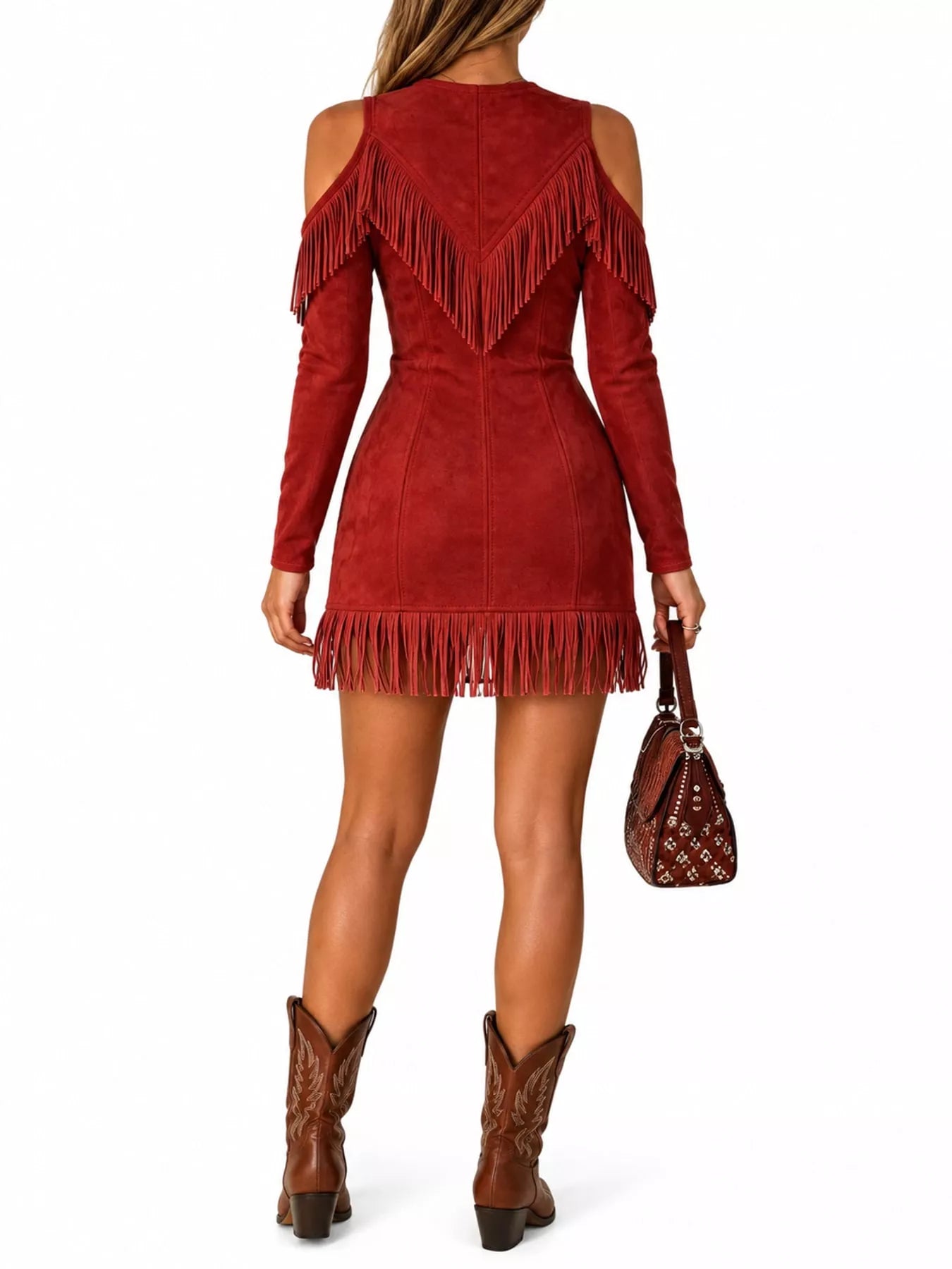 Back view of red fringed cold shoulder mini dress with long sleeves