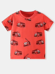 Flat lay front view of red children's T-shirt with repeated fire truck prints