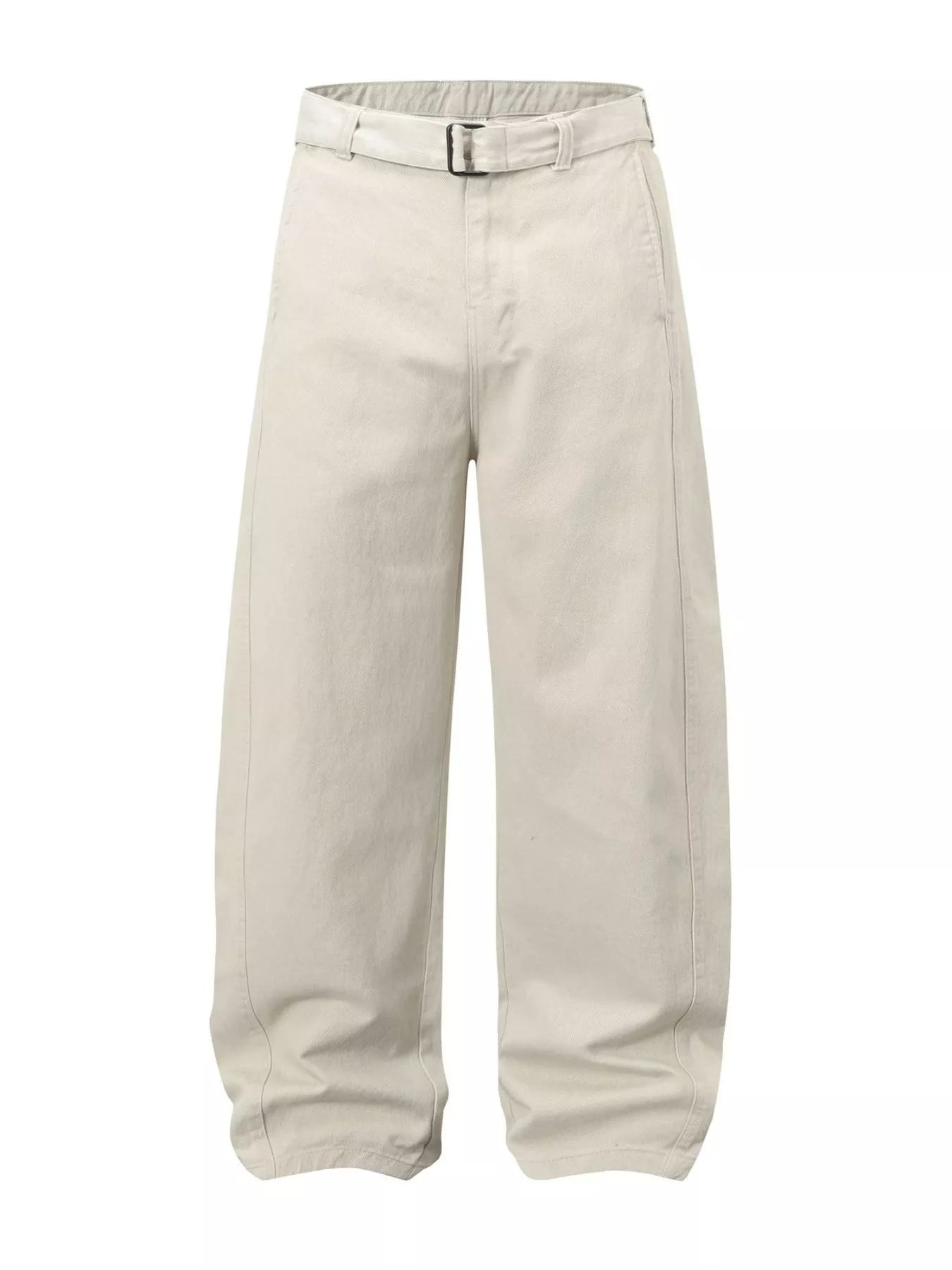 Men's cream white wide-leg cargo pants with a belt.