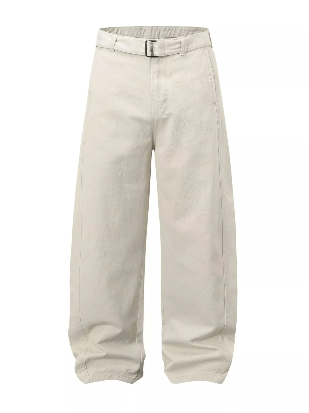Men's cream white wide-leg cargo pants with a belt.