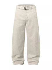 Men's cream white wide-leg cargo pants with a belt.