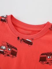 Close-up detail of the red crew neckline and stitching on children's fire truck T-shirt
