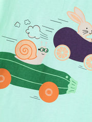 Close up of the snail in a green car and the bunny in a purple car racing