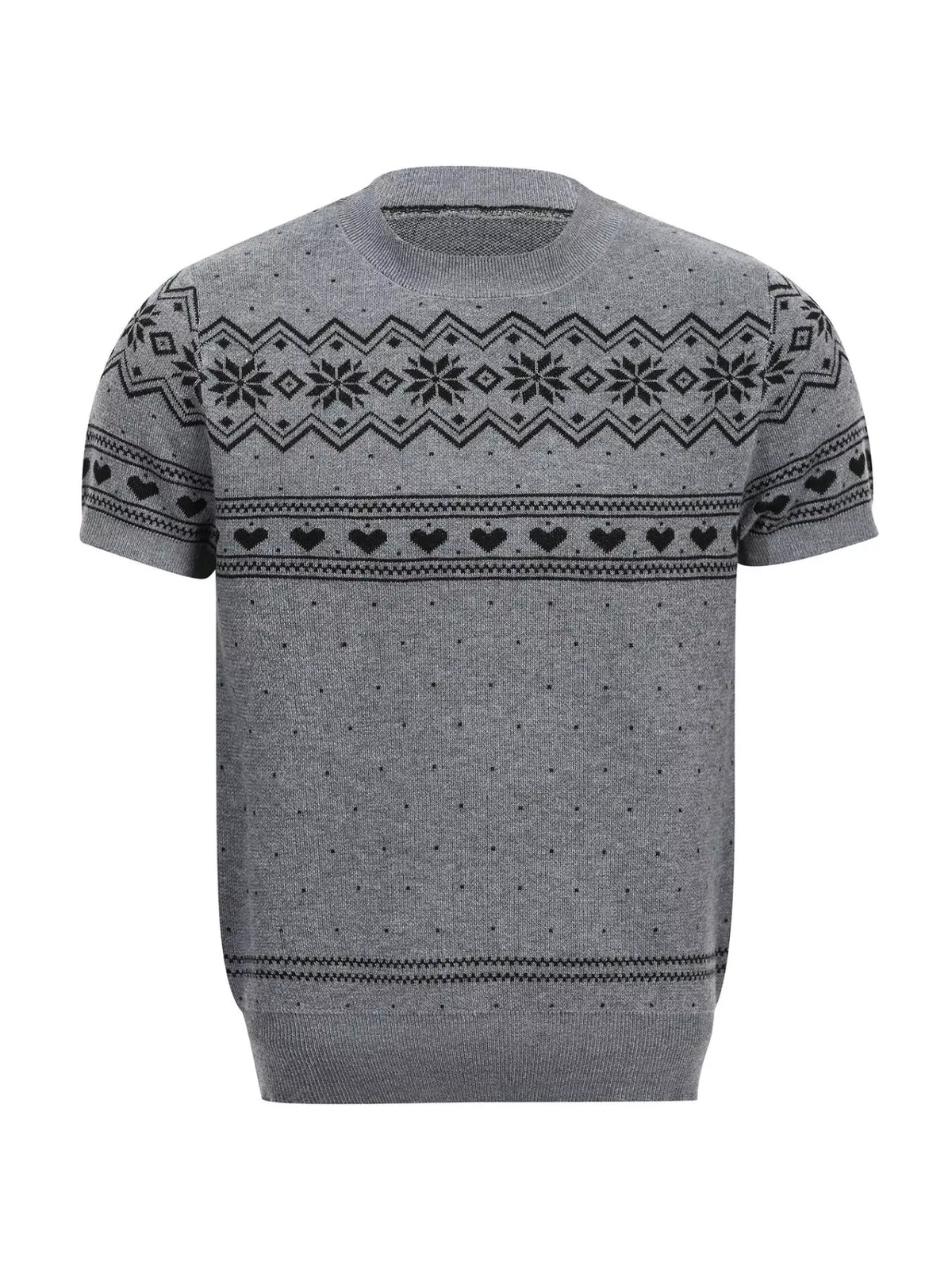 Men's short-sleeve knit top with Fair Isle and heart patterns.