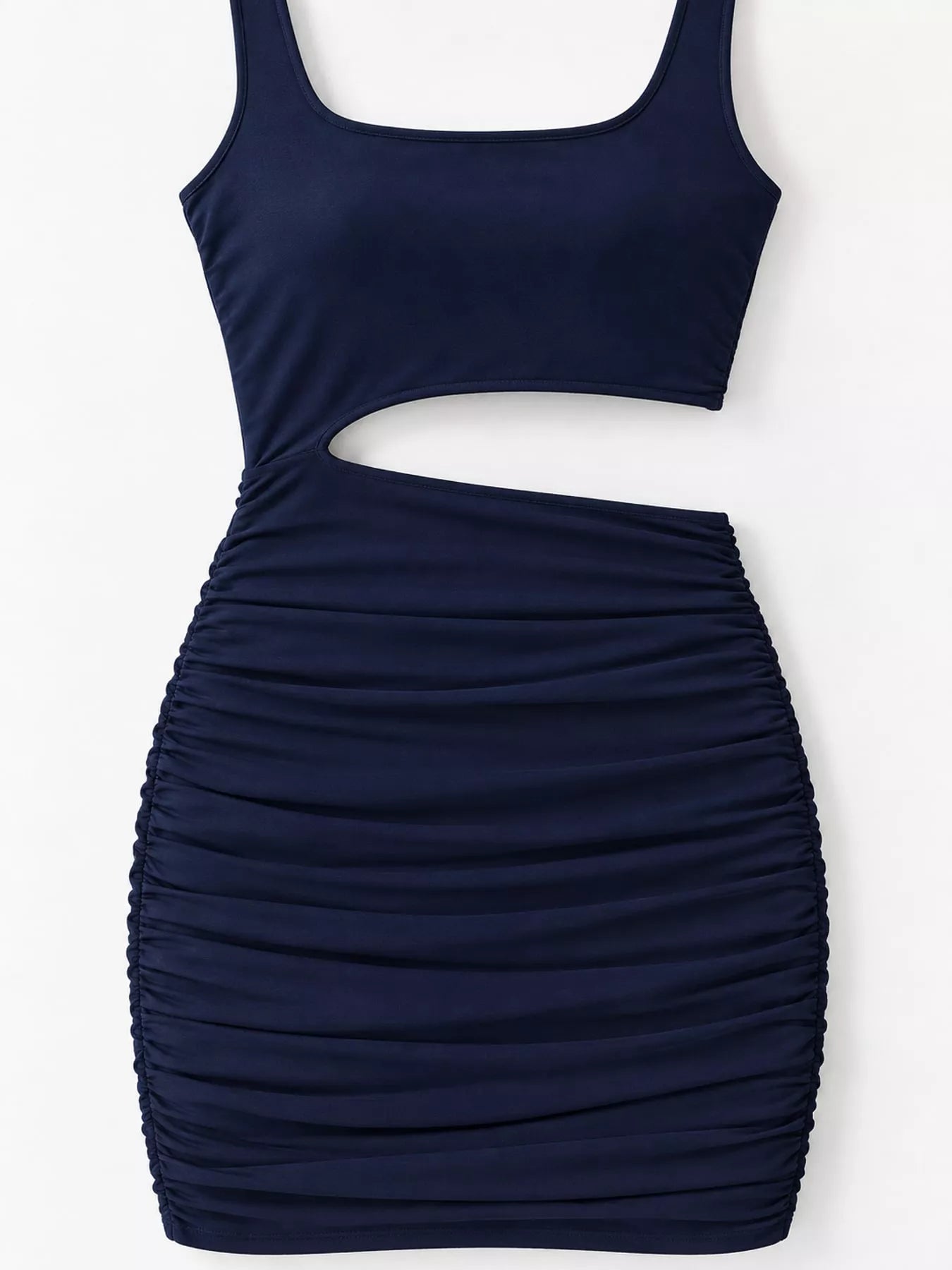 Navy one shoulder cutout ruched bodycon mini dress laid flat showing waist cutout front view