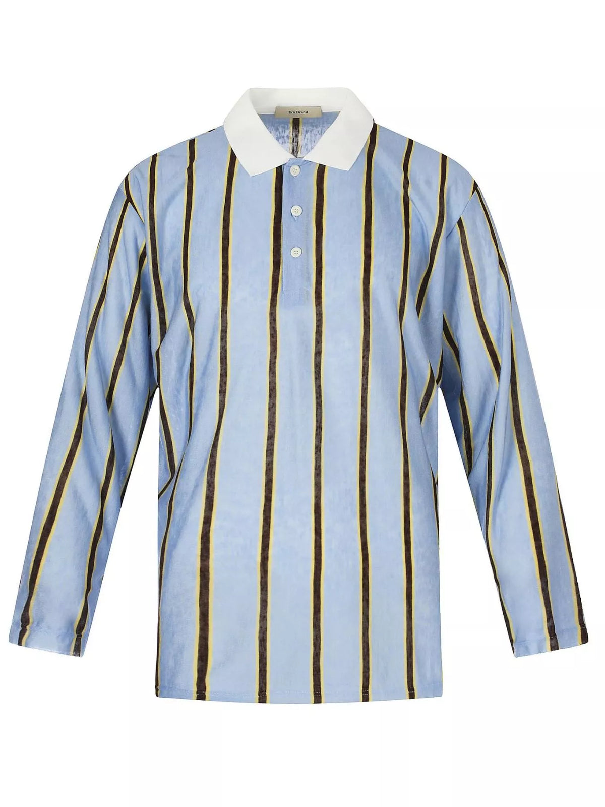 Men's striped long-sleeve polo with a contrast collar and button detailing.