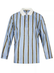 Men's striped long-sleeve polo with a contrast collar and button detailing.