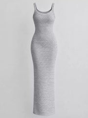 Grey heathered sleeveless bodycon maxi dress displayed flat without a model