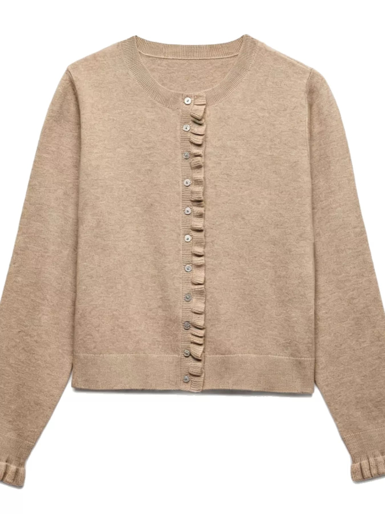 Flat lay of khaki ruffle trimmed button down cardigan with ruffled placket and cuffs