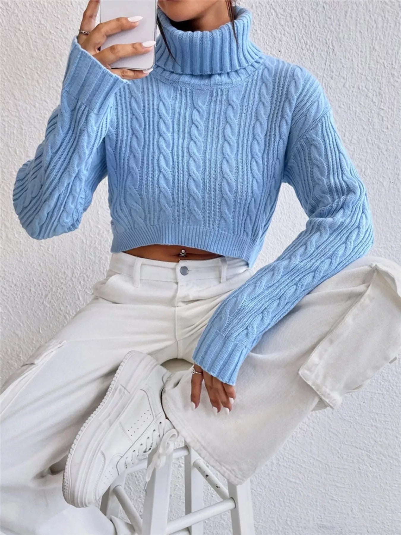 Cable-Knit Turtleneck Long Sleeve Sweater
