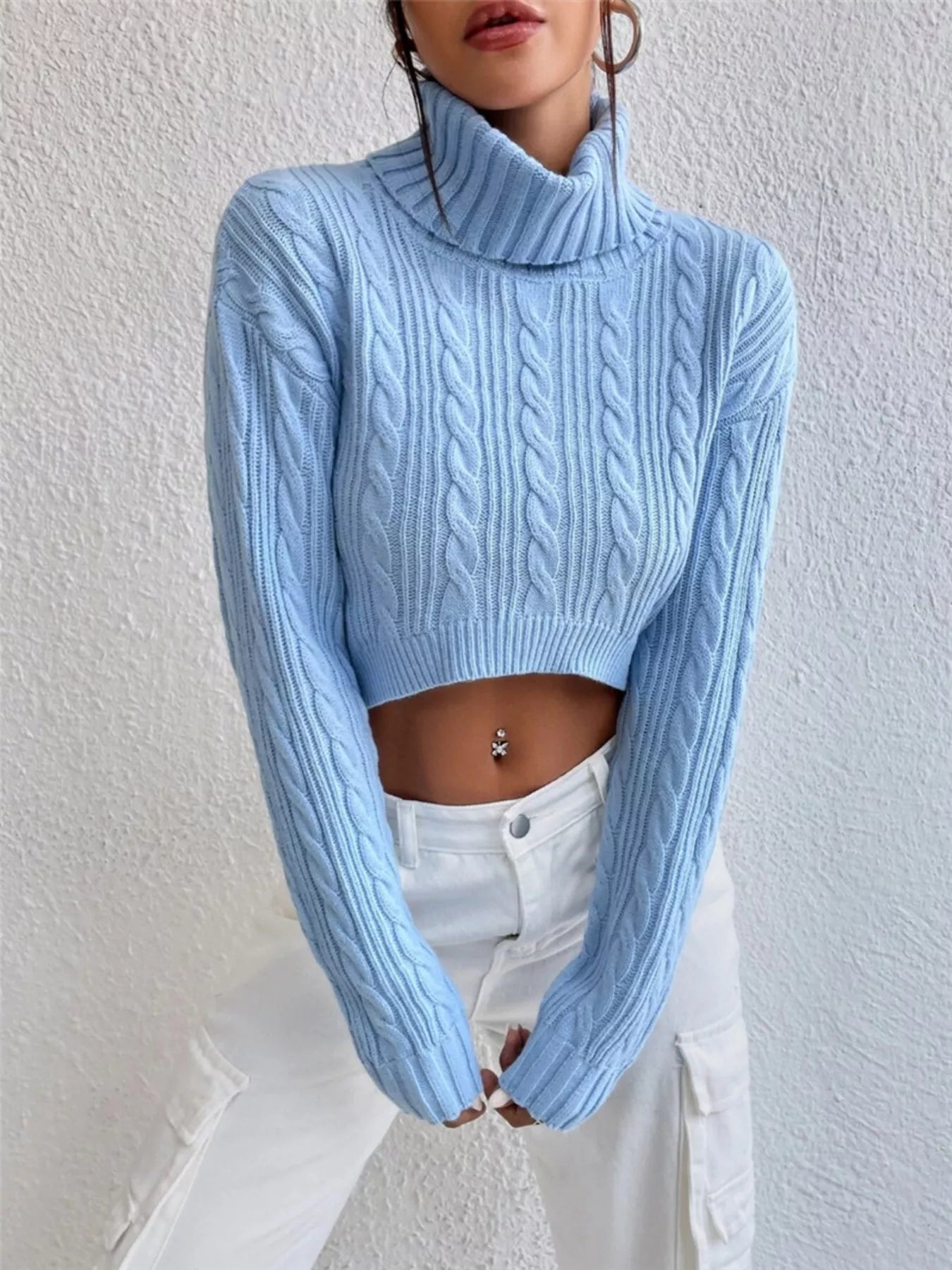 Cable-Knit Turtleneck Long Sleeve Sweater Light Blue / S