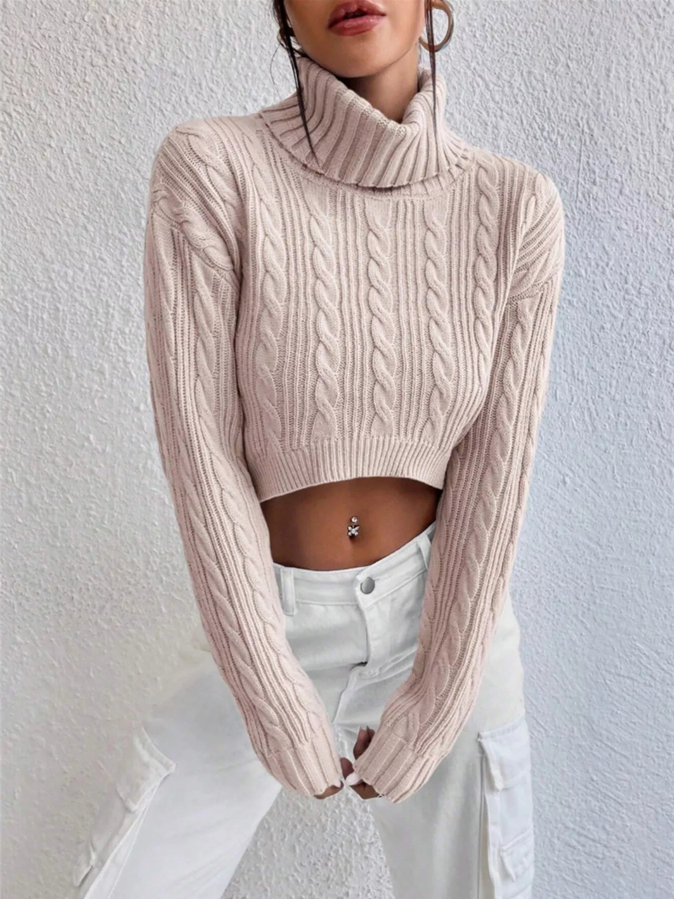 Cable-Knit Turtleneck Long Sleeve Sweater Watermelon pink / S