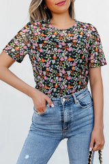 Cami and Sheer Floral Mesh Round Neck Top Set Black / S