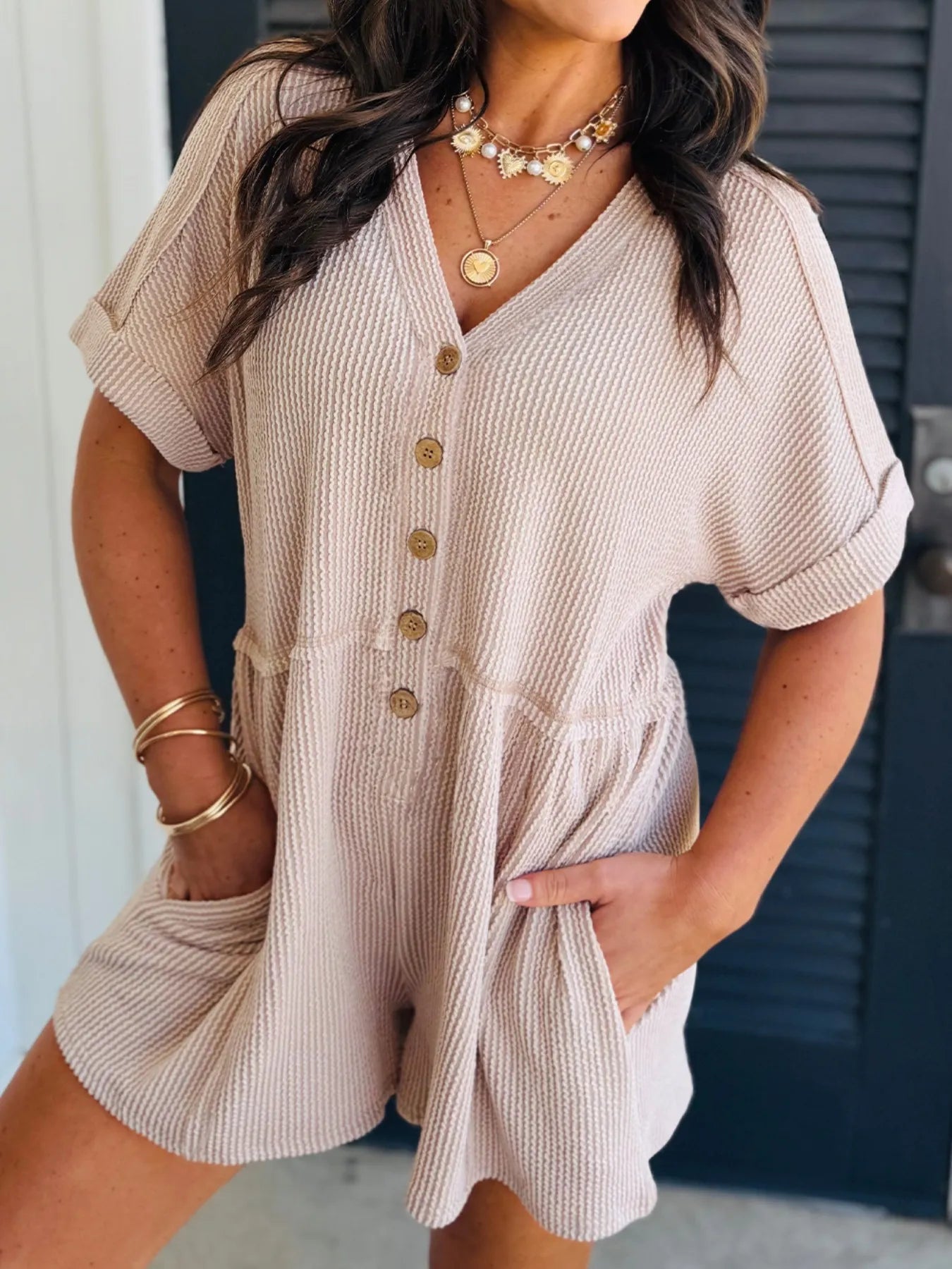 Casual Button-Front Ribbed Romper Beige / S