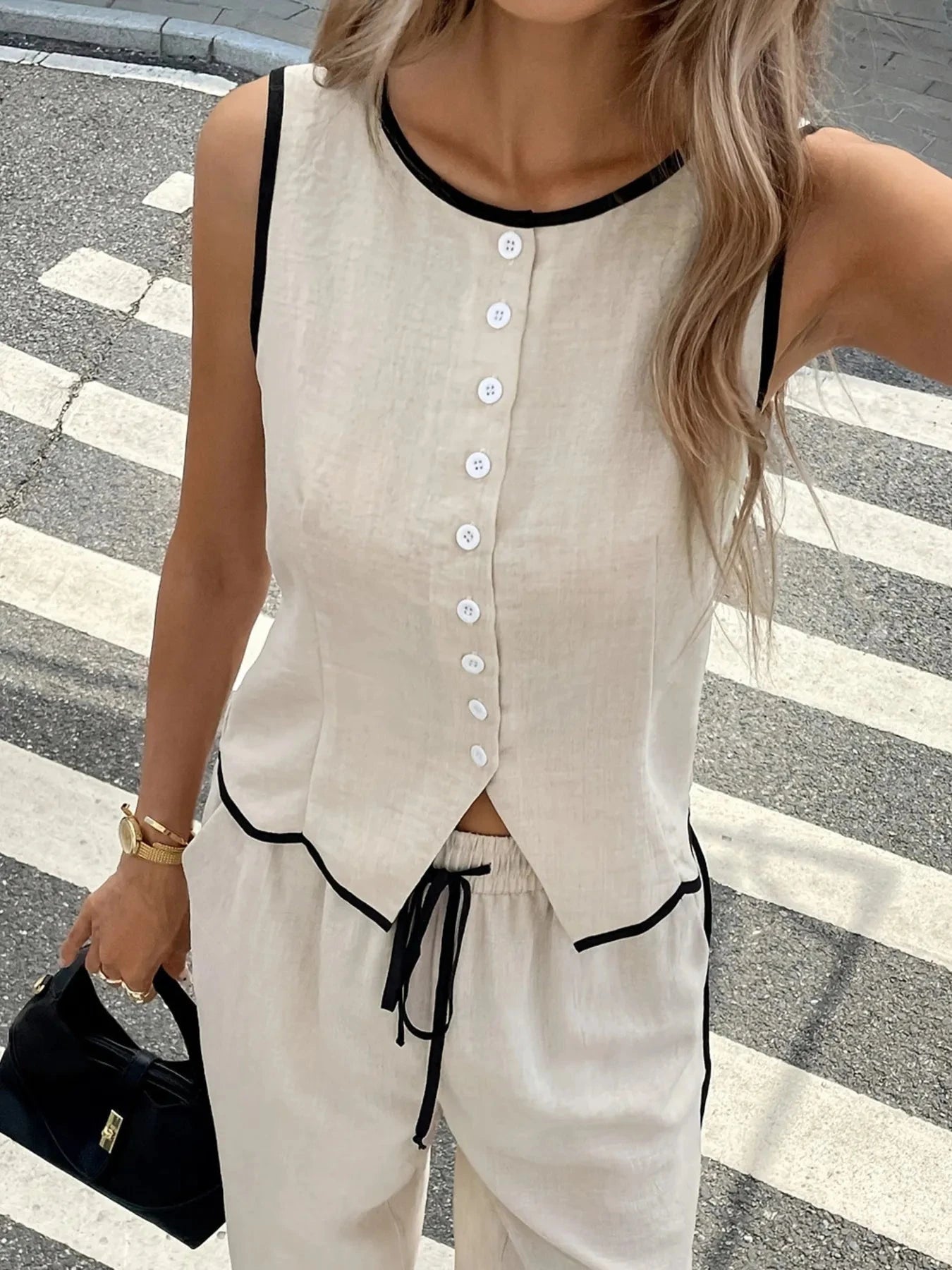 Casual Button-Up Tank and Wide-Leg Pants Set