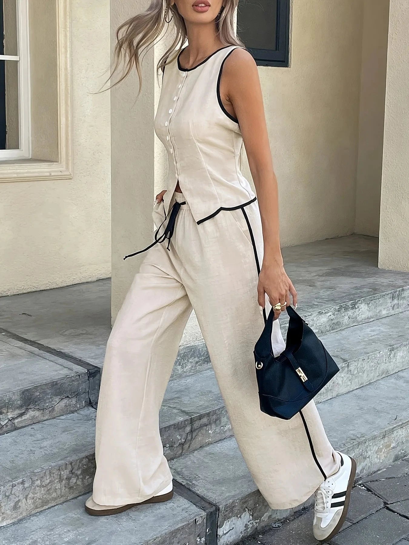 Casual Button-Up Tank and Wide-Leg Pants Set
