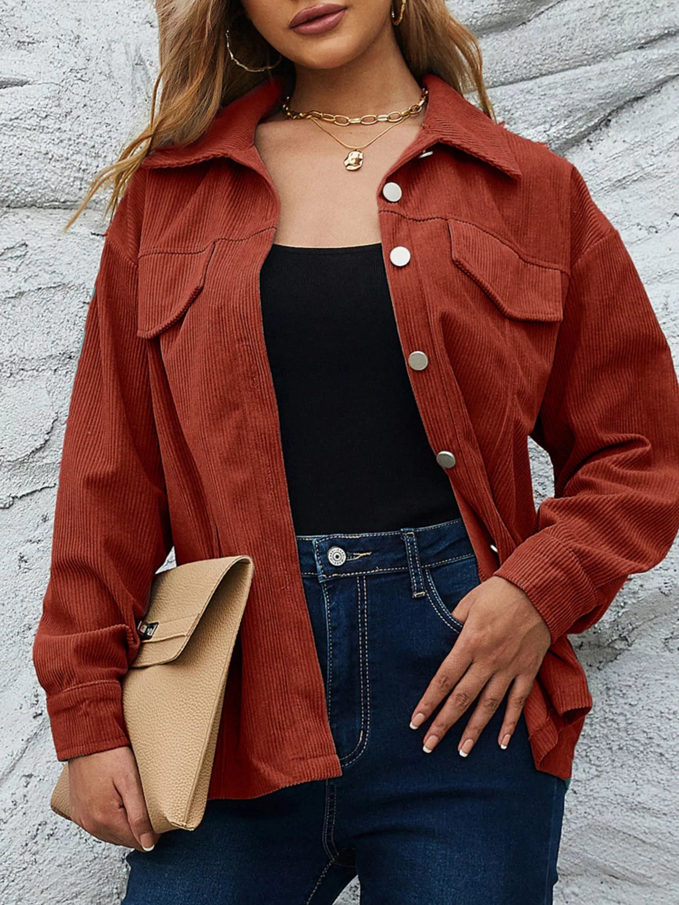 Casual Corduroy Button-Down Jacket Amber / S