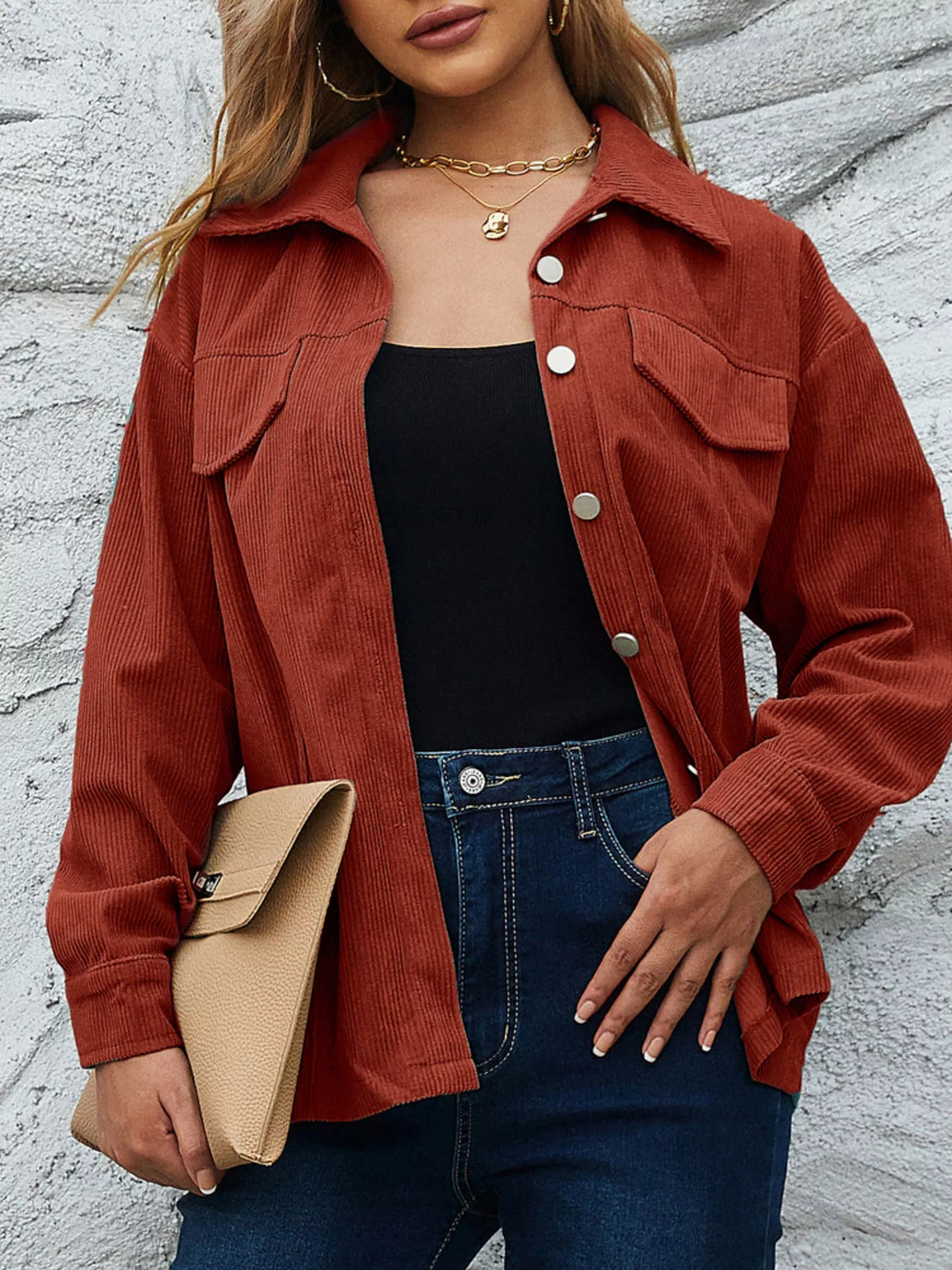 Casual Corduroy Button-Down Jacket Amber / S