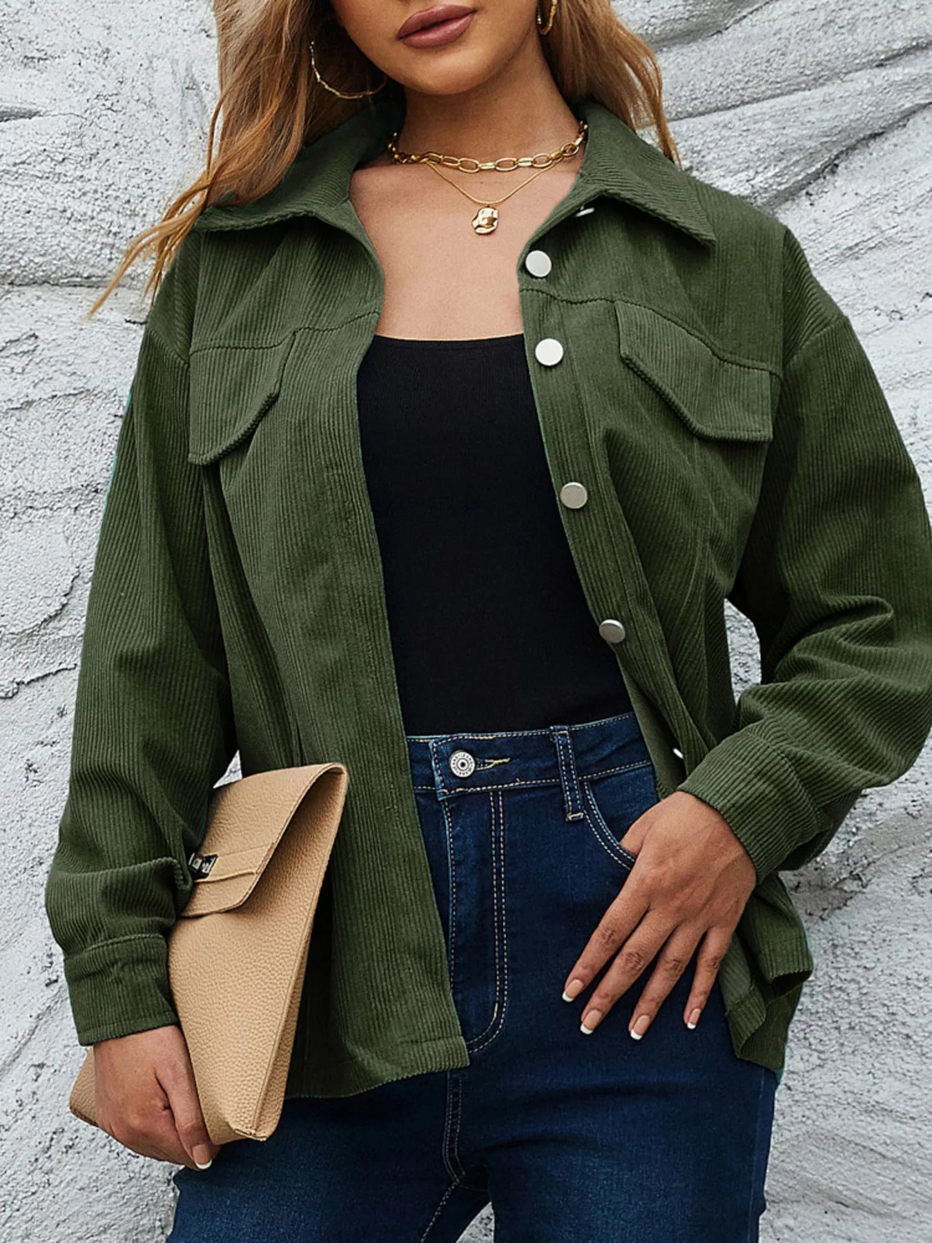 Casual Corduroy Button-Down Jacket Olive Green / S