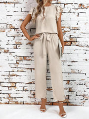 Casual Flutter Sleeve Top and Pants Two-Piece Set Apricot / S