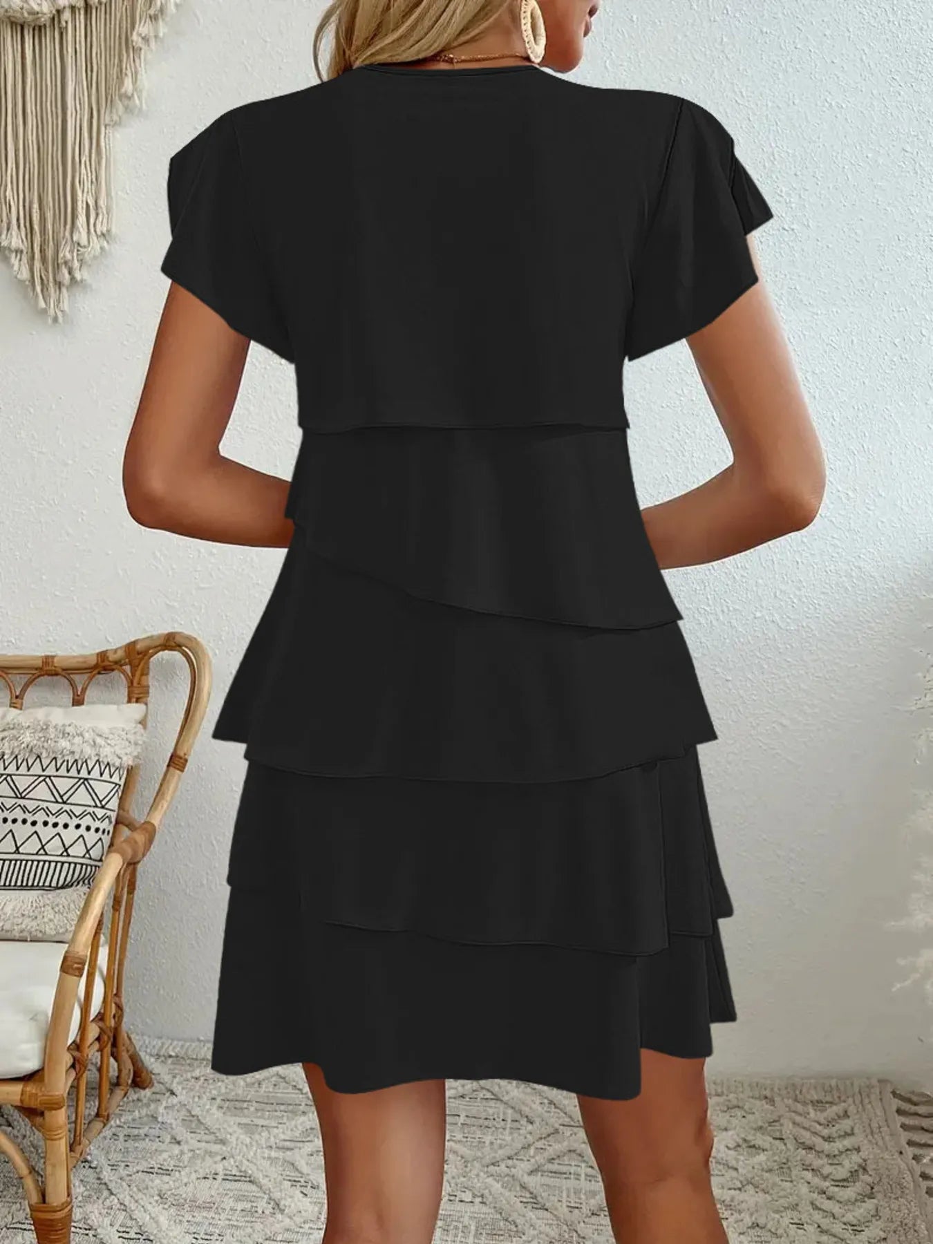 Casual Layered Round Neck Ruffled Sleeve Dress