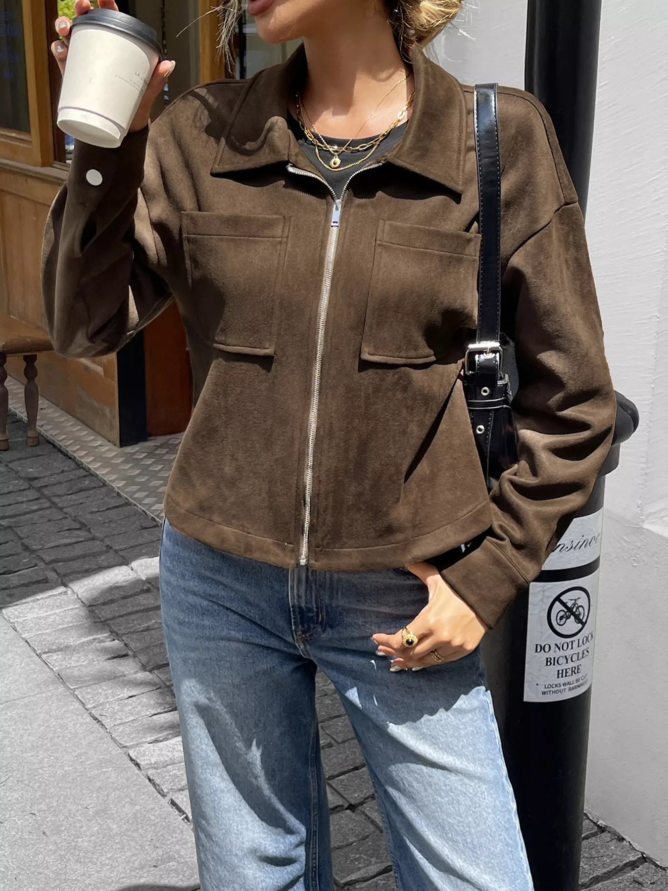 Casual Long Sleeve Zip-Up Jacket Brown / S