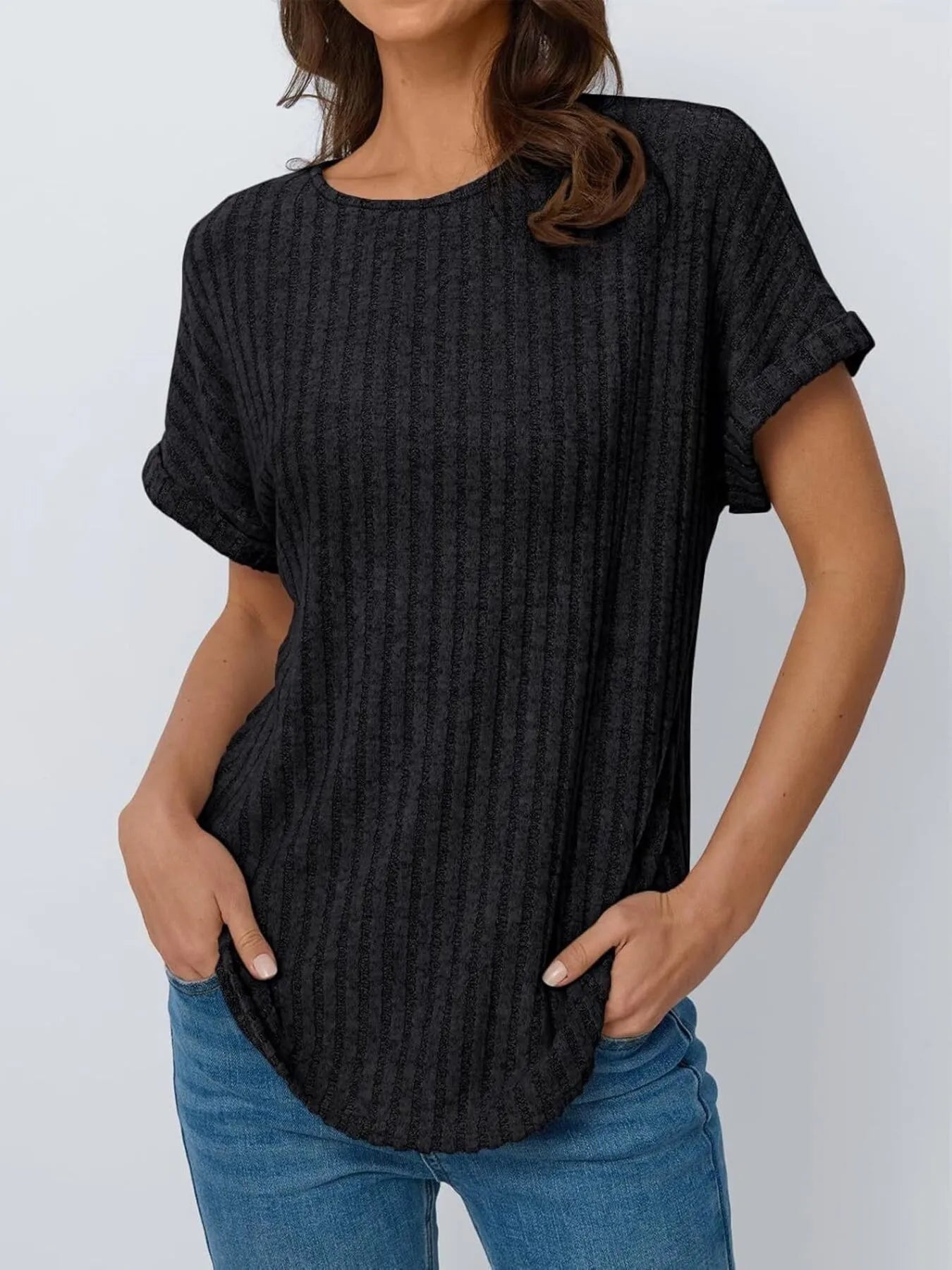 Casual Ribbed Knit Short Sleeve T-Shirt Black / S