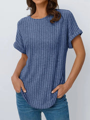 Casual Ribbed Knit Short Sleeve T-Shirt Blue / S