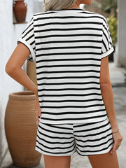 Casual Striped Short Sleeve Top and Shorts Two-Piece Set