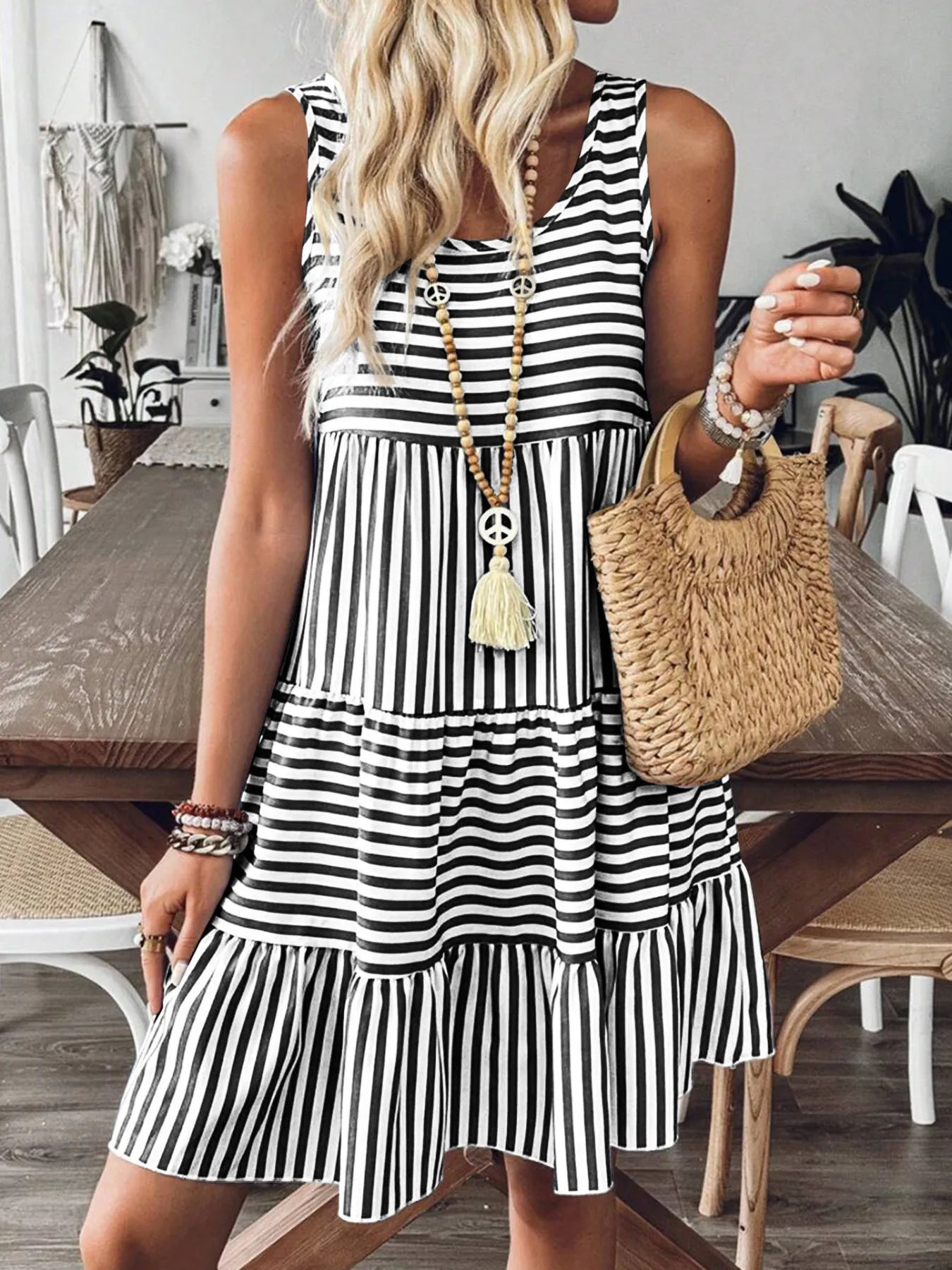 Casual Striped Tiered Ruffle Tank Dress