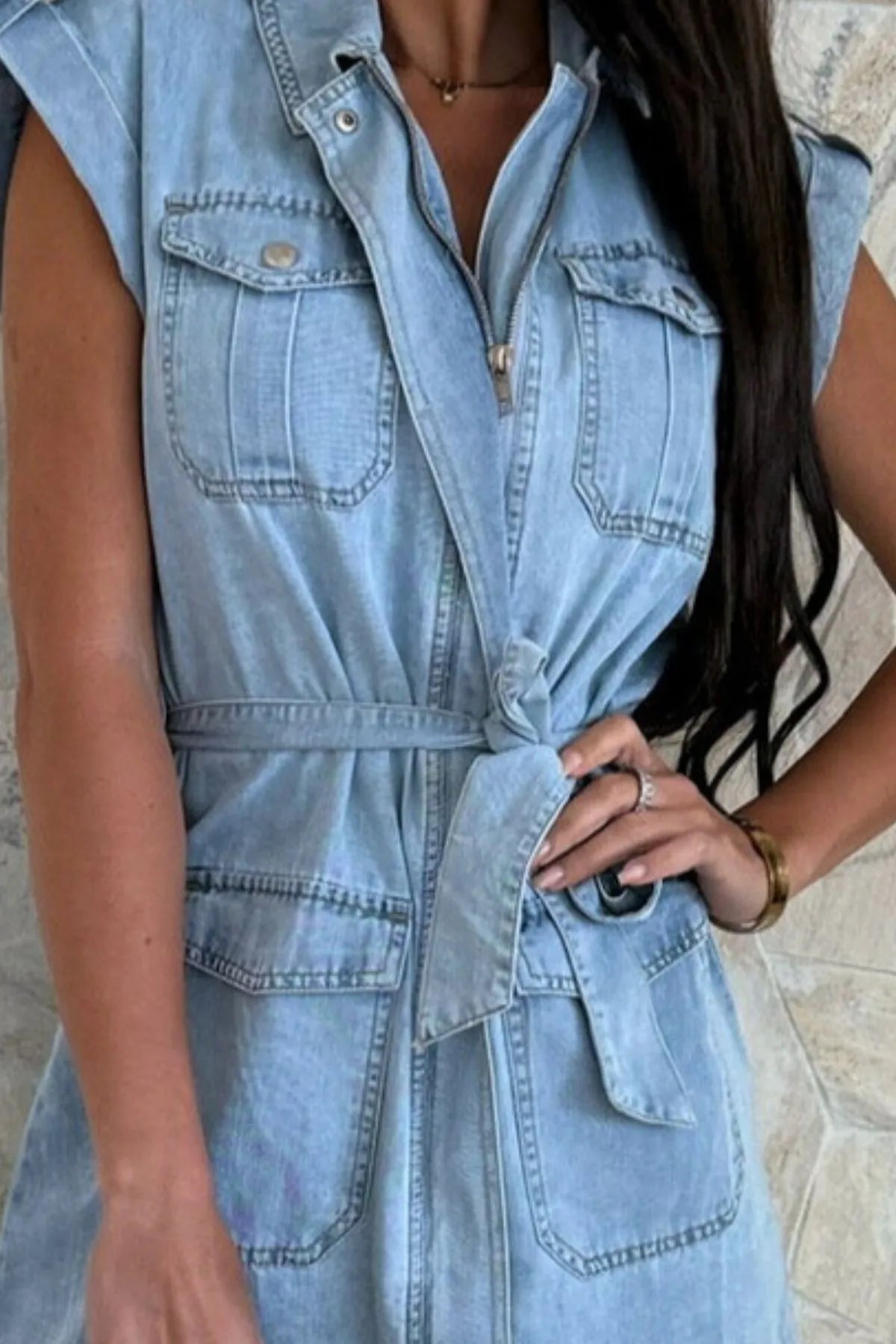 Casual Tie Waist Denim Mini Dress