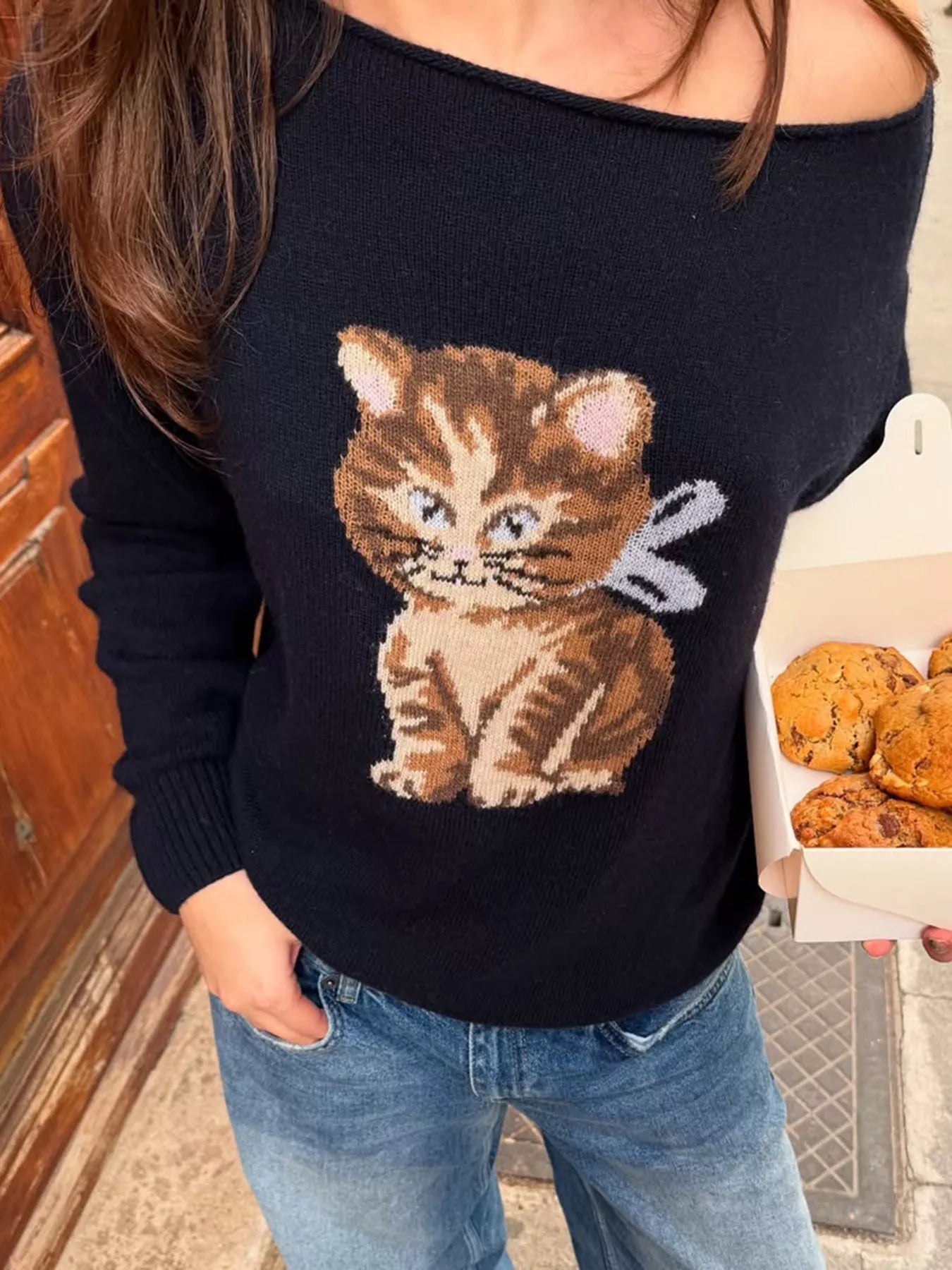 Cat One Shoulder Long Sleeve Sweater