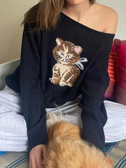 Cat One Shoulder Long Sleeve Sweater