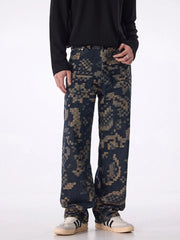 Men's printed wide leg cargo pants with pockets.